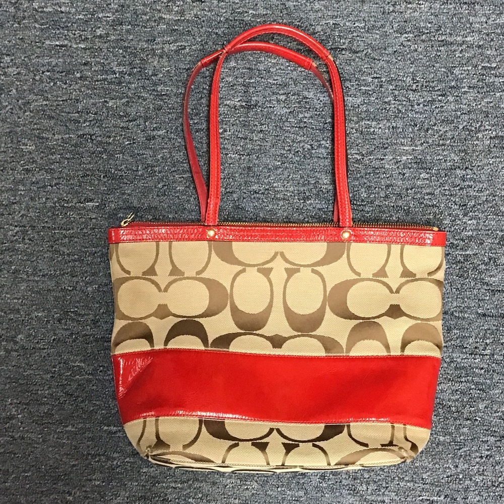 Sold-Coach Signature Red and Tan Tote Bag